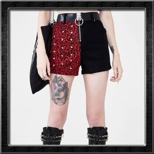 Disturbia Black Red Split Leopard Denim Studded Shorts